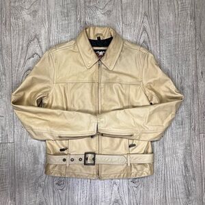 cream/beige small Harley Davidson women’s leather jacket with removeable belt
